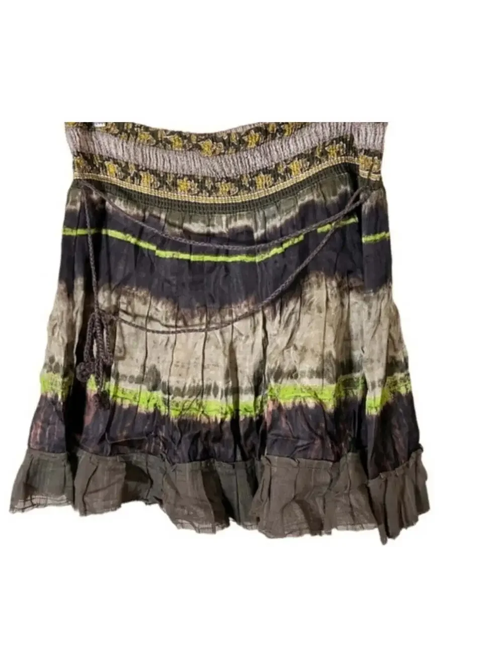 Free People Tie Dye Tiered Boho Mini Skirt Olive Size L Pre-Loved